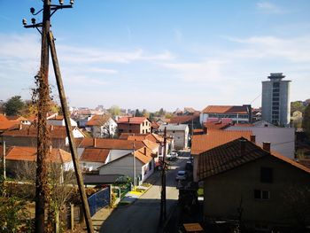 High angle view of buildings in city against sky