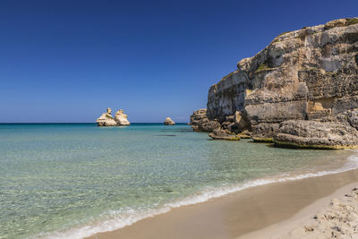 Scenic view of sea against clear blue sky