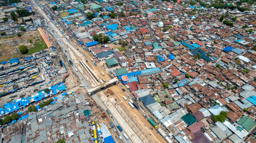 High angle view of buildings in city