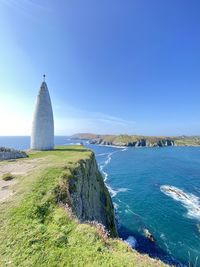 Scenic view of sea against clear blue sky