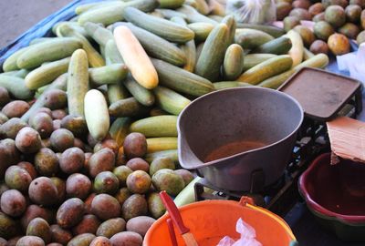 High angle view of vegetables for sale in market