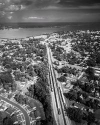 High angle black and white view of urban landscape