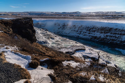 Scenic view of land against sky during winter