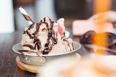 Close-up of ice cream on table