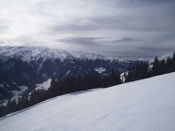 Snow covered landscape against sky