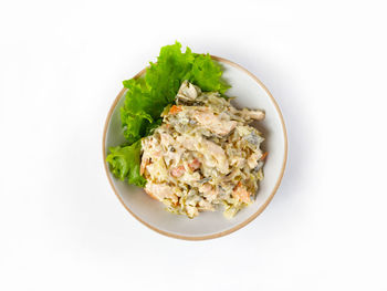 Directly above shot of food in plate against white background