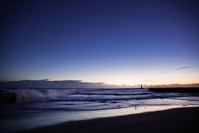 Scenic view of sea against clear sky at sunset