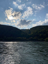 Scenic view of sea and mountains against sky