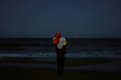 Rear view of man standing at beach against sky