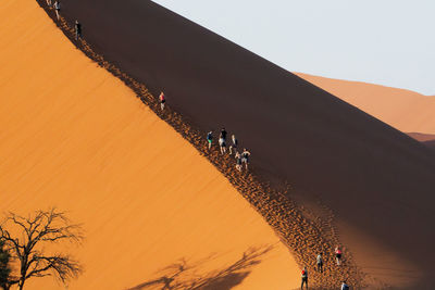People on sand dune in desert against clear sky
