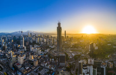 High angle view of modern buildings in city