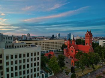 High angle view of buildings against sky