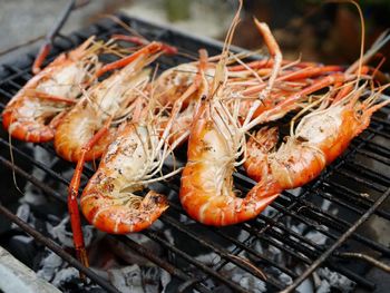 High angle view of shrimps on barbecue grill