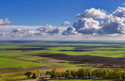 Top view of the meadow of carmona, seville, spain. beautiful clouds and its shadows in the plains.