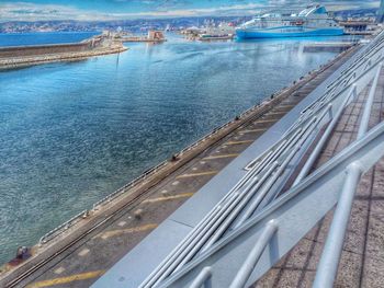 High angle view of ship moored at harbor