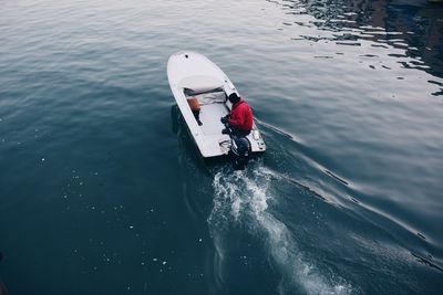 High angle view of boats in river