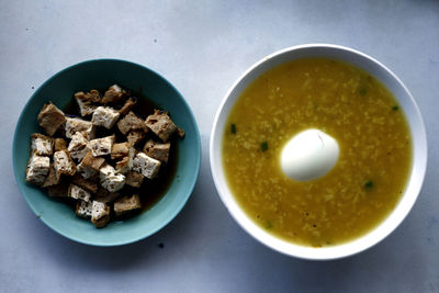 High angle view of soup in bowl on table