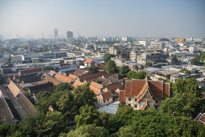 High angle view of townscape against clear sky