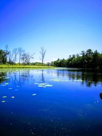 Scenic view of lake against clear blue sky