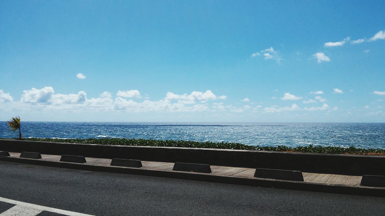 sea, horizon over water, water, sky, railing, tranquil scene, tranquility, scenics, blue, beauty in nature, nature, cloud - sky, cloud, idyllic, sunlight, outdoors, day, calm, pier, no people