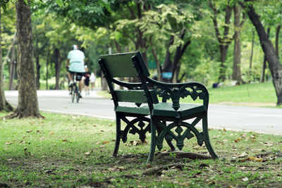 Crowd of people exercising, running and riding bicycle in the park on a beautiful sunday morning