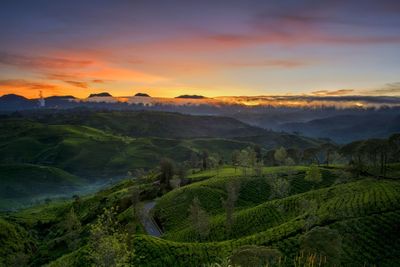 High angle view of landscape against sky during sunset