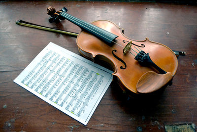 Close-up of  violin on table