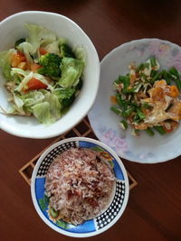 High angle view of meal served on table