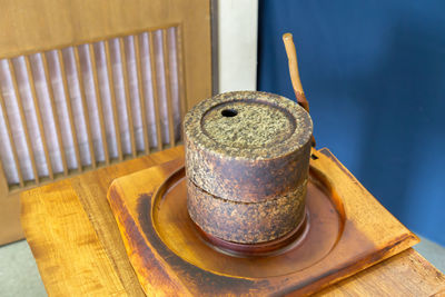 High angle view of drink on table