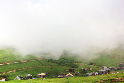 Scenic view of field against foggy weather