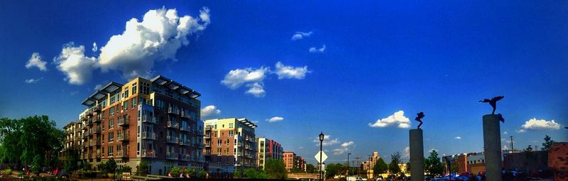 Low angle view of buildings against cloudy sky