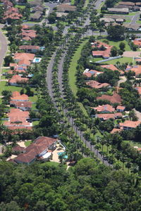 High angle view of houses in town
