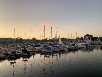 Sailboats moored at harbor during sunset