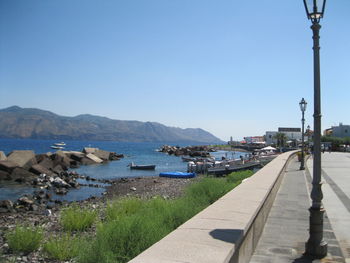 Scenic view of sea against clear blue sky