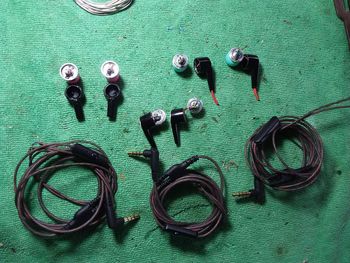 High angle view of various buttons on table