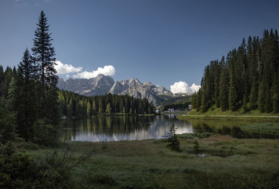 Braies lake and in background seekofel mountain, dolomites, italy