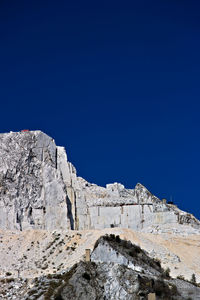 Low angle view of rock formation against clear blue sky