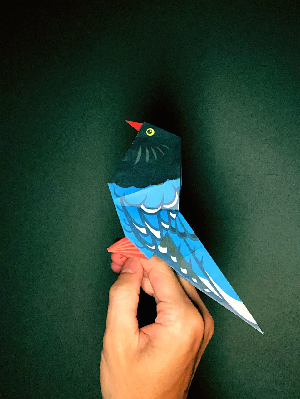 hand, blue, one person, holding, green, indoors, studio shot, origami, adult, bird, personal perspective, art, animal, representation