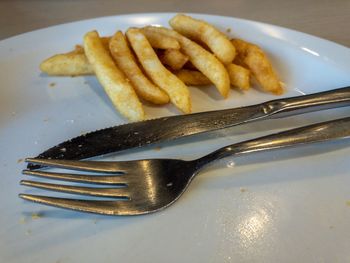 High angle view of meat and fries in plate on table