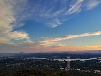 High angle view of buildings against sky during sunset