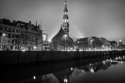 Reflection of illuminated buildings in city at night