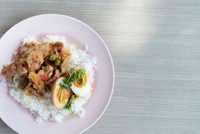 High angle view of food in bowl on table