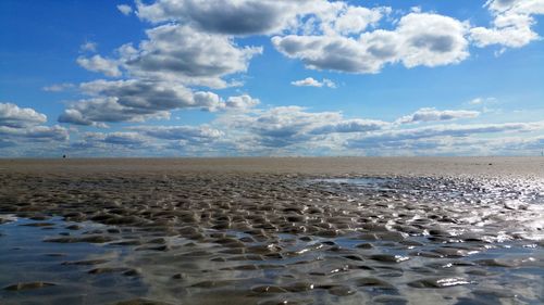 Scenic view of beach against blue sky