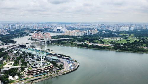 High angle view of city at waterfront