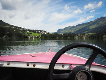 View of swan in lake against mountains