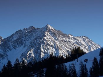 Scenic view of snowcapped mountains against clear blue sky