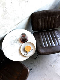 High angle view of breakfast on table