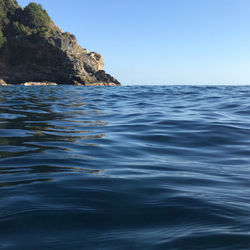 Scenic view of sea against clear blue sky