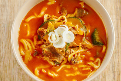 High angle view of noodles in bowl on table