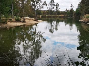 Reflection of trees in lake against sky